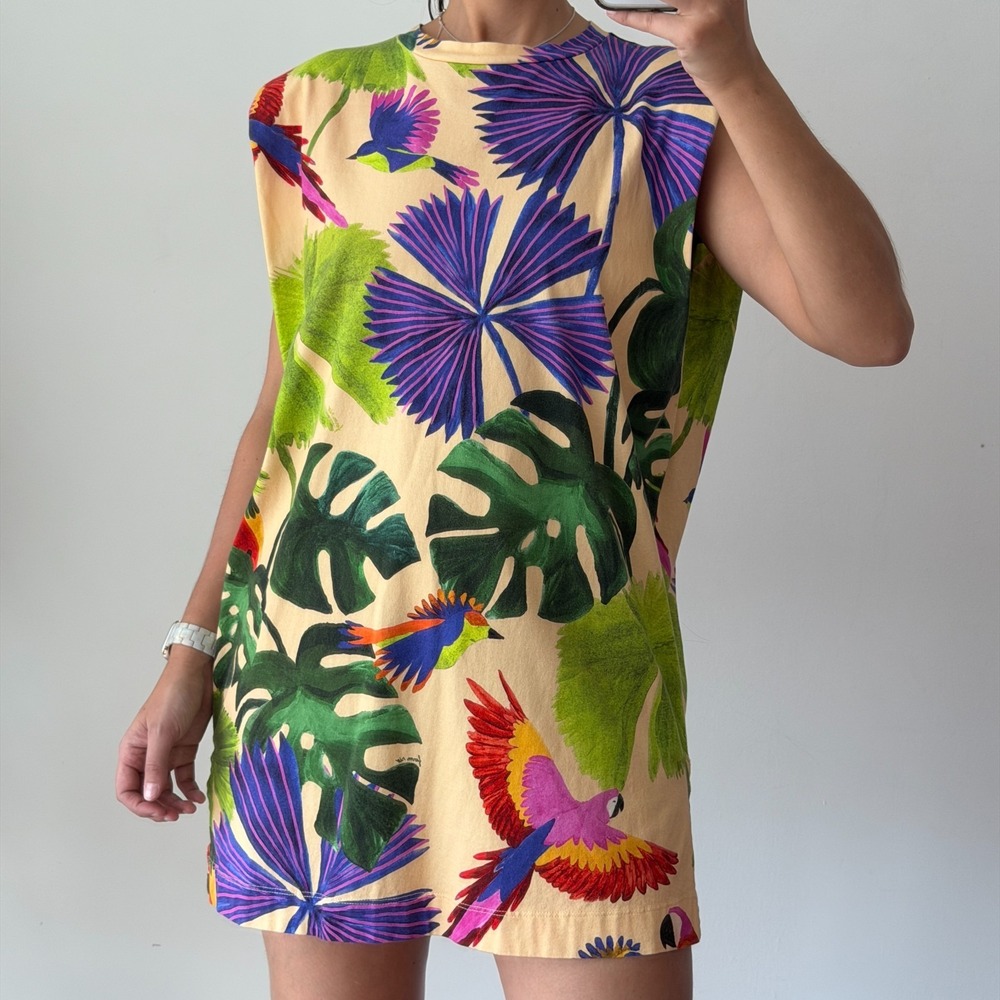 Farm Rio Shirt Dress Small Mini Tropical Macaw JungleFloral Print Cotton Tunic